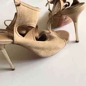 Aquazzura Tan Suede Gold Heel Size 9